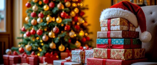 A festive scene with a stack of wrapped presents and a Santa hat, next to a decorated Christmas