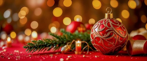 A close-up shot of a red Christmas ornament with gold detailing, surrounded by festive decorations,