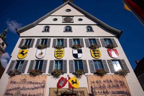 Historical depiction of a folk festival procession, at the town hall, coat of arms, Bad Cannstatt,