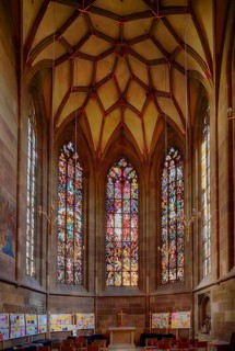 Interior view, choir, altar, stained glass window, Evangelische Stadtkirche, Bad Cannstatt,