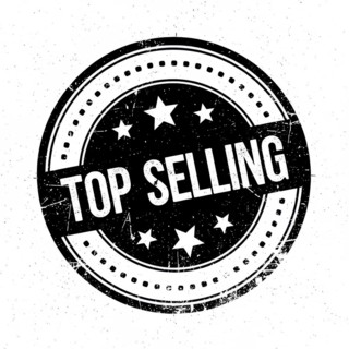 A black and white circular badge with the words 'TOP SELLING' and stars, perfect for marketing