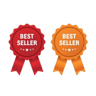 Two best seller badges are displayed, one red and one orange, each with a ribbon and stars, perfect