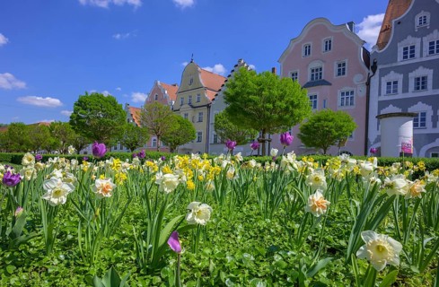 Park and old town houses, Landshut, Bavaria, Germany