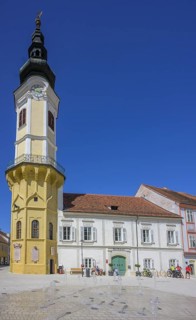 Water features at the town hall tower on the main square, Bad Radkersburg, Styria, Austria