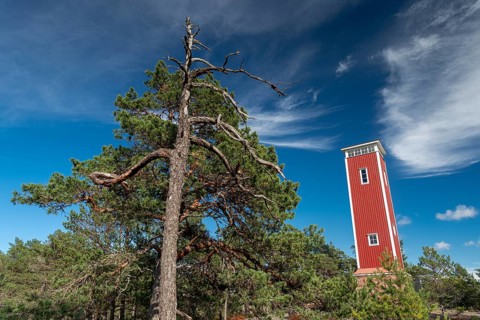 Falun red-painted observation tower on Getaberg, Geta, Åland, Åland Islands, Finland