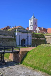 Fortress with church tower and entrance gate of, Tvrda, Osijek, Osijek-Baranja County, Croatia