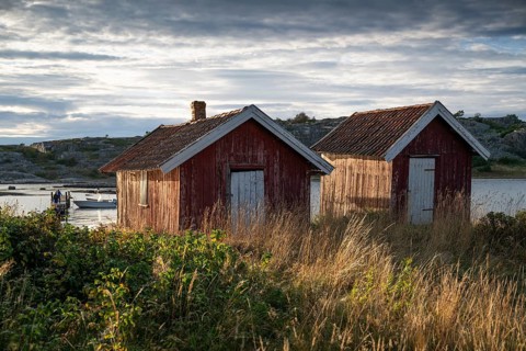 Falun red or Swedish red boathouses, Resö Island, Bohuslän, Skagerrak, Sotenäs, Västra Götalands