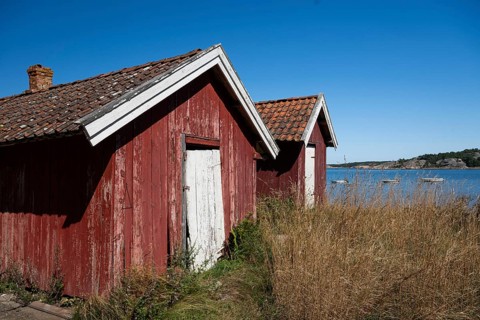 Falun red or Swedish red boathouses, Resö Island, Bohuslän, Skagerrak, Sotenäs, Västra Götalands