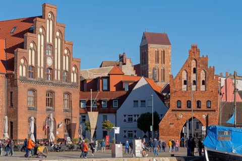 Historic buildings Customs house City gate at the old harbour Wismar Germany