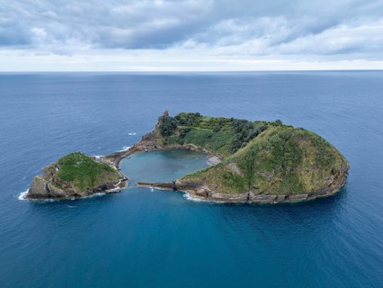 Vila Franca Islet and Atlantic Ocean. Azores, Sao Miguel Island. Portugal. Aerial Drone Shot