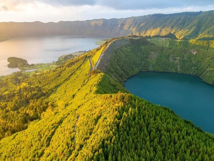 Lake Santiago and Blue Lake. Sete Cidades Caldera at Sunset. Lush Green Hills with Trees. Azores,