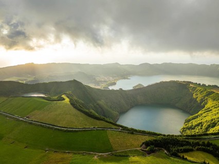 Sete Cidades Caldera at Sunset. Blue Lake and Santiago Lake. Azores, Sao Miguel Island. Portugal.