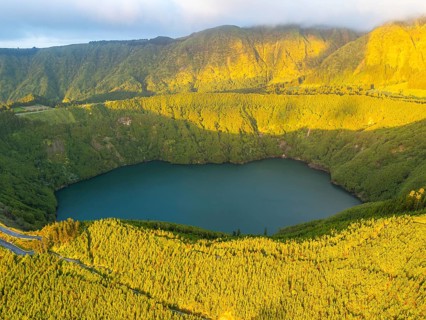 Lake Santiago. Sete Cidades Caldera at Sunset. Lush Green Hills. Azores, Sao Miguel Island.