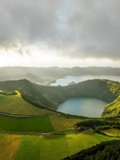 Sete Cidades Caldera. Blue Lake and Santiago Lake. Azores, Sao Miguel Island. Portugal. Clouds and