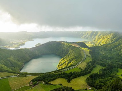Sete Cidades Massif. Blue Lake and Santiago Lake. Azores, Sao Miguel Island. Portugal. Clouds and