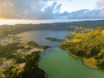 Sete Cidades Caldera at Sunset. Blue Lake and Green Lake. Azores, Sao Miguel Island. Portugal.