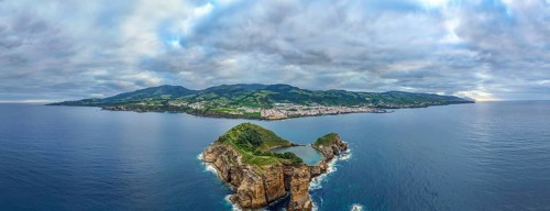 Horizontal Panorama of Vila Franca Islet, Vila Franca Do Campo Town, Dramatic Sky and Atlantic