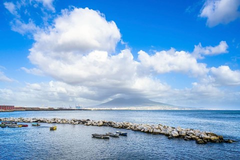 Seaside in Naples with Mount Vesuvius in backround, Campania, Italy