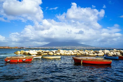 Seaside in Naples with Mount Vesuvius in backround, Campania, Italy