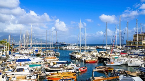 Marina in Naples with Mount Vesuvius in backround, Campania, Italy