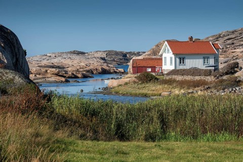 White houses and falun red boathouse on grassy shore, Bohus granite, rocky coast, Ramsvik,