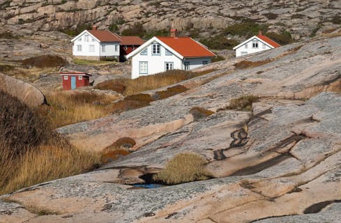 White houses, Bohus granite, rocky coast, Ramsvik, Ramsviklandet nature reserve, Bohuslän,