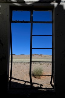View from the window of the old German railway station of Garub into the Namib Desert, near Aus,