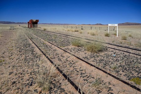 Railway tracks at the old German railway station of Garub, near Aus, Karas Region, Namibia