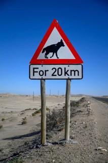 Sign warning of brown hyenas or beach wolves (Parahyaena brunnea), near Lüderitz, Karas Region,