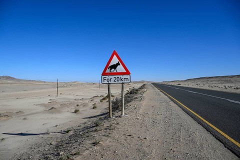 Sign warning of brown hyenas or beach wolves (Parahyaena brunnea), near Lüderitz, Karas Region,