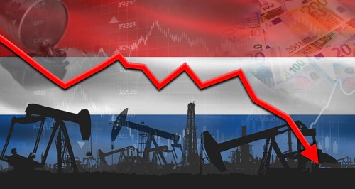 Fall oil price with flag of Netherlands on economic chart, Petrol crisis with Netherlands flag on