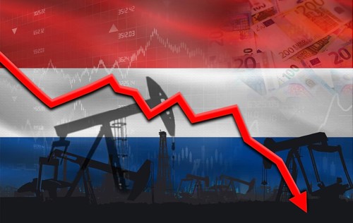 Petroleum crisis with Netherlands flag on financial graph. Fall oil price with flag of Netherlands