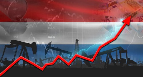 Oil pumps with Netherlands flag. Oil production with Netherlands flag, petrol industry