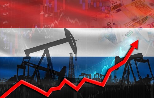 Oil production with Netherlands flag, petrol industry. Oil pumps with Netherlands flag