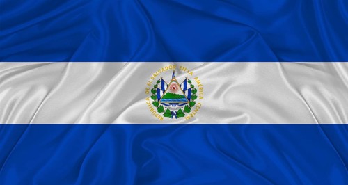 Flag of El Salvador with cloth texture. Close up of El Salvador flag waving