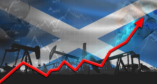 Oil pumps with Scotland flag. Oil production with Scotland flag, petrol industry