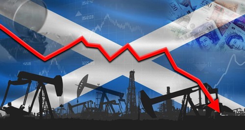 Fall oil price with flag of Scotland on economic chart, Petrol crisis with Scotland flag on