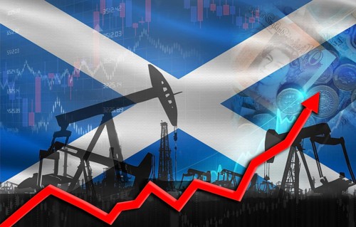 Oil production with Scotland flag, petrol industry. Oil pumps with Scotland flag