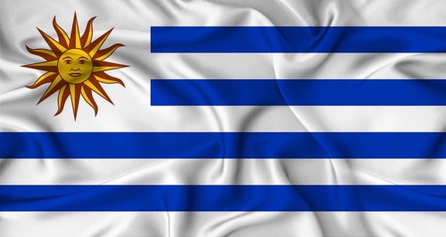 Realistic Uruguay flag waving. Close up of flag of Uruguay with cloth texture
