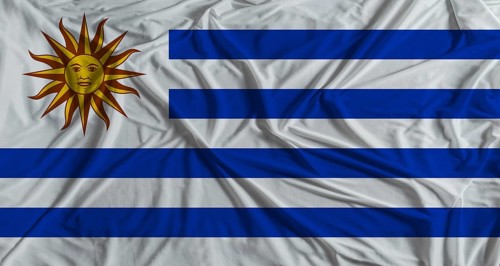 Uruguayan flag with fabric texture background. National flag of Uruguay