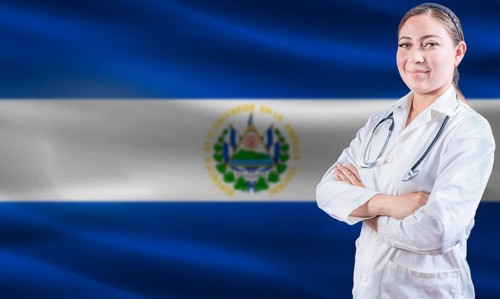 Female doctor on El Salvador flag. Doctor with crossed arms on El Salvador flag. El Salvador health