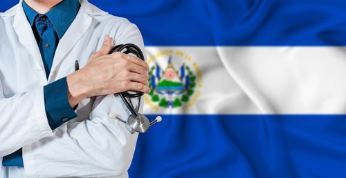 El Salvador healthcare concept. Doctor with stethoscope on El Salvador flag. Doctor holding