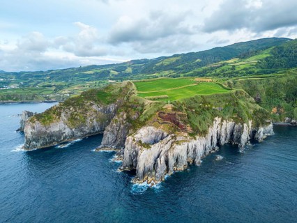 Cape Furado, Cliffs, Green Lush Hills, Fields, Pasturelands and Atlantic Ocean. Azores, Sao Miguel