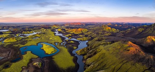 Moss-covered landscape and lakes in the Icelandic Highlands, Iceland