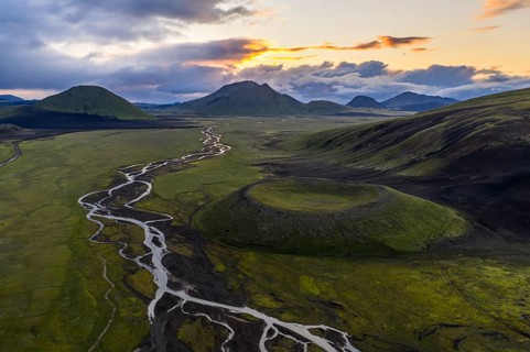 Volcanic crater with intertwined river, Landmannalaugar region, Icelandic Highlands, Iceland