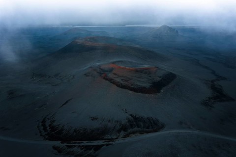 Red craters in black sand desert, Icelandic Highlands, Iceland