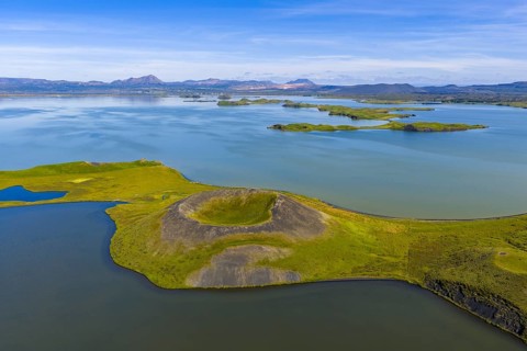 Lake Myvatn with pseudo-crater, North Iceland, Iceland