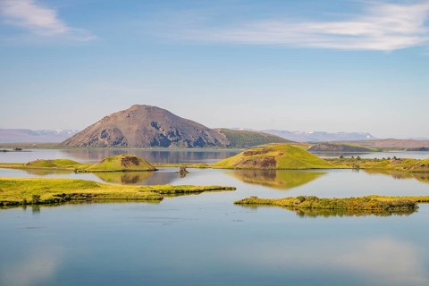 Lake Myvatn with pseudo-crater, North Iceland, Iceland