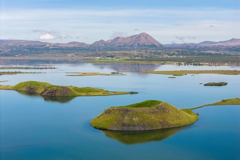 Lake Myvatn with pseudo-crater, North Iceland, Iceland