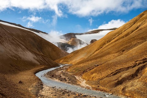 Steaming springs and colourful rhyolite mountains, Hveradalir geothermal area, Kerlingarfjöll,